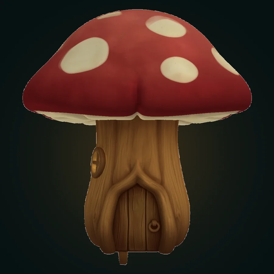 Concept render of a cozy red-capped mushroom house with a wooden door