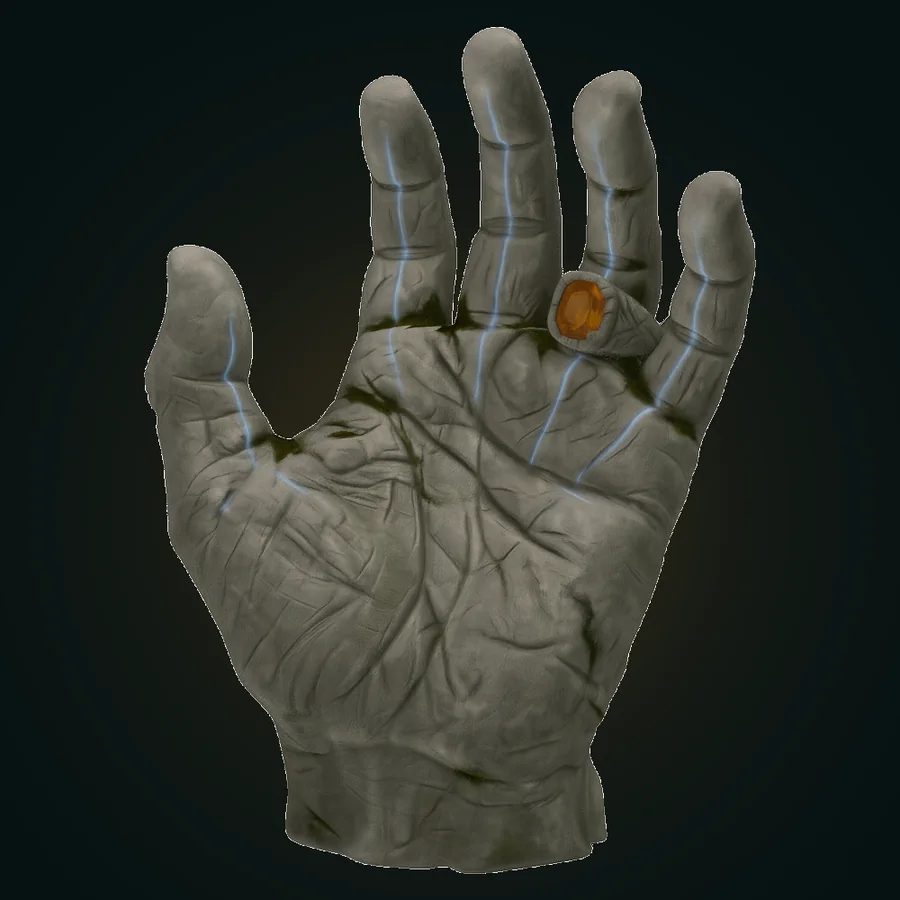 Concept render of a weathered stone statue of an open hand with an inset amber gem
