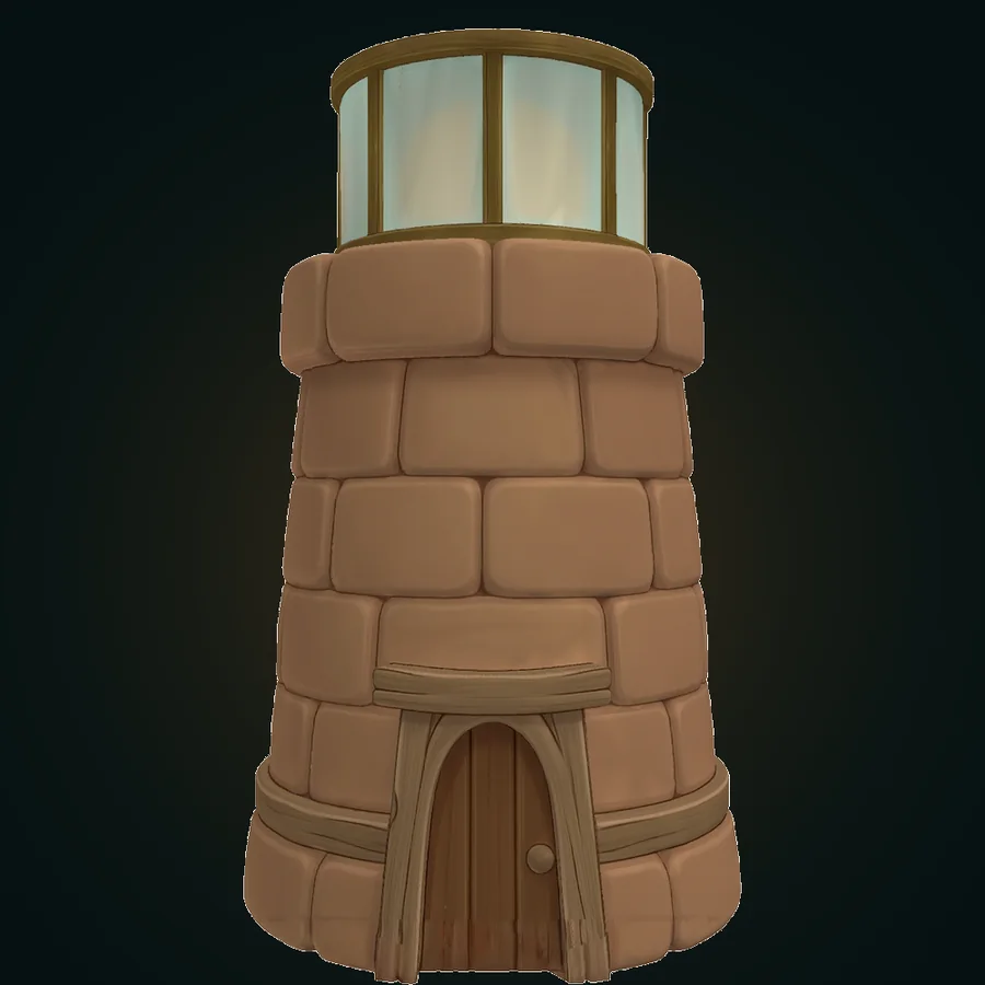 Concept render of a stylized stone lighthouse tower with a warm glowing lantern room