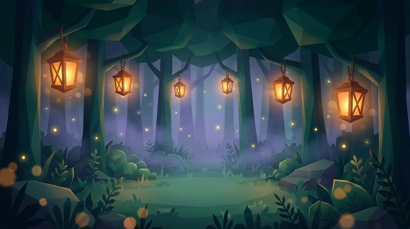 A cinematic low-poly lantern-lit forest at dusk, warm amber lanterns glowing among tall stylized trees